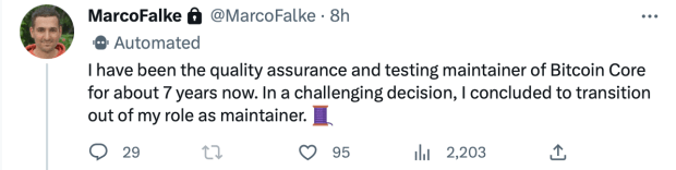 Bitcoin Core Maintainer Marco Falke Announces His Intent To Step Down